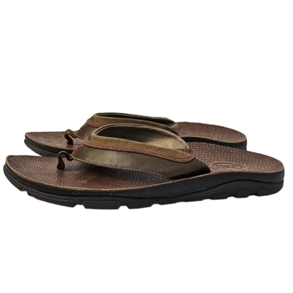 Chaco Mens Kirkwood Dark Earth Leather Sandals Size 9 Brown Flip Flops Slip On - Picture 2 of 9